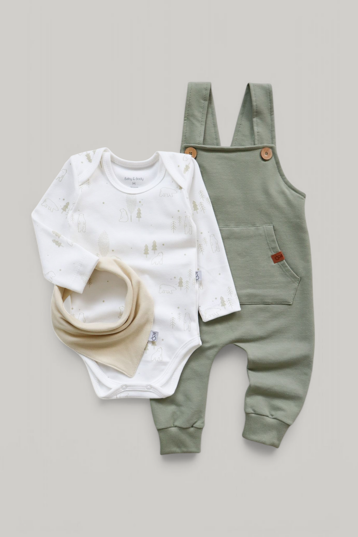 Conjunto Jardineira, Body e Babador - Urso Polar